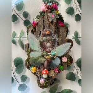 Fairy Wall Decor with Floral Accents handcrafted on wood moss
